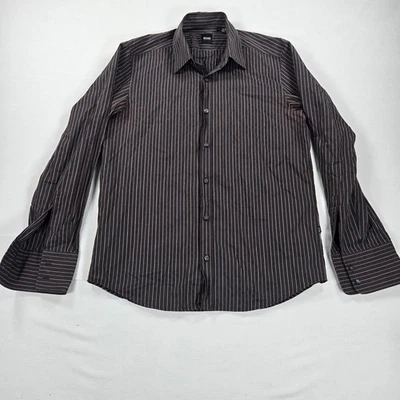 Boss Hugo Boss Striped Long Sleeve Brown Button Up Shirt Men's Size Medium - Image 1 of 4