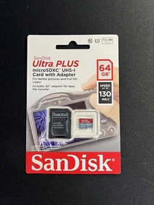 NEW SanDisk Ultra Plus 64GB 130MB/s Micro SD Memory Card SDXC UHS-I w/ Adapter - Picture 1 of 2