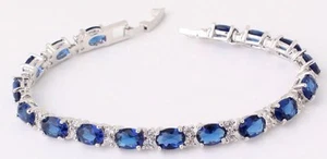 18K W GOLD EP 8 CT DIAMOND SIMULATED SAPPHIRE LINK BRACELET - Picture 1 of 1