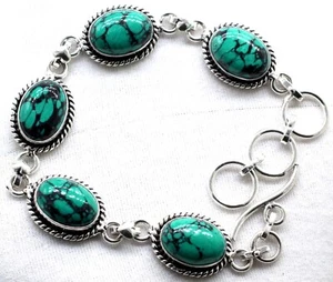925 Sterling Silver Natural Turquoise Gemstone Handmade Jewelry Bracelet S-7-8" - Picture 1 of 8