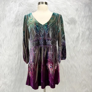 One World Womens Velvet Babydoll Top M Peacock Print Colorful Fairy Whimsigoth - Picture 1 of 15