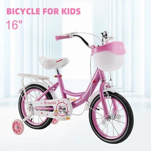16" Kids Bicycle Girls Bike with Training Wheels Basket Kickstand Pink US - Picture 1 of 19