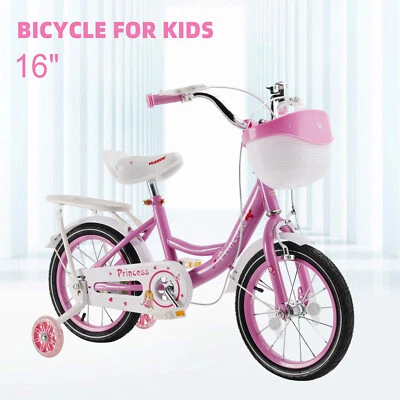 16" Kids Bicycle Girls Bike with Training Wheels Basket Kickstand Pink US - Image 1 of 4