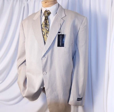 LINEAGE New Tan Striped Rayon Blend 3 Button Men Suit Size 56 50"W x 36"L - Image 1 of 4