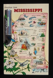 1950s State Map of Mississippi Magnolia State Icons Landmarks MS Postcard - Picture 1 of 2