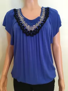 Wrapper Brand Ladies Top- Size XL-Blue -Short Sleeve-Accent Trim - Picture 1 of 5