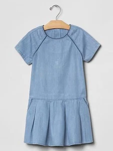 New Gap Kids Girl Denim Blue Cotton Short Sleeve Drop Waist Dress XL 12 - Picture 1 of 5