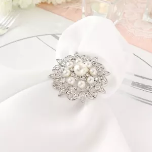 4 SILVER Metal Flower Napkin Rings Faux Pearls and Rhinestones Party Events - Picture 1 of 8