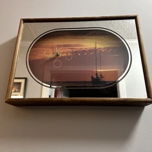 1970s Beautiful Ship In Sunset Mirror Wall Clock MID CENTURY MODERN Works! WOW! - Picture 1 of 12
