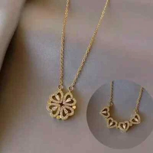 Collana quadrifoglio cuori oro giallo 18 kt ciondolo 16" convertibile diamante simulato - Foto 1 di 12