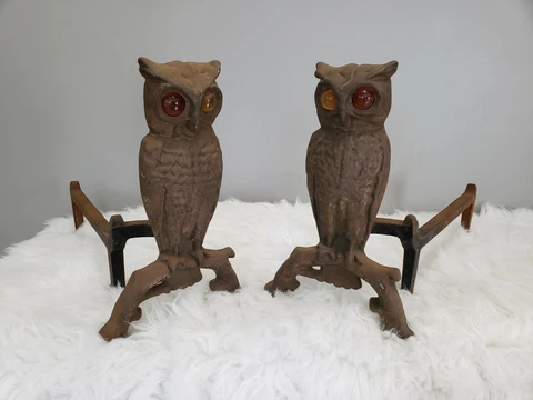 Antique Owl Andirons Glass Eyes Fireplace Display Halloween Decor CAST IRON Cover