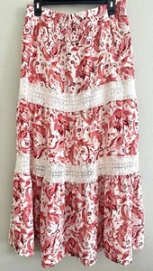 FRYE Woven Boho Peasant Skirt Elastic Floral Crochet Coral White Size L Large - Picture 1 of 5