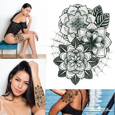 DELUSION TATTOOS Mandala Lotus Flowers Temporary Tattoo - Spider Web Black Tribal Mehndi Womens