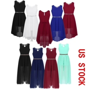 Kids Sparkly Rhinestone Chiffon Dresses Flower Girl Dress Evening Party Gowns - Picture 1 of 70