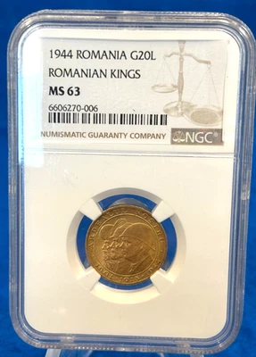 1944 Romania Gold 20 Lei Romanian Kings NGC MS63 - Image 1 of 3