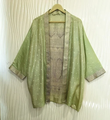 Jaqueta cardigã curta de seda pura quimono espanador capa roupão solto verde KMS3758 - Imagem 1 de 4