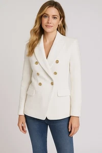 Zara White Double Breasted Blazer Gold Button Tweed Jacket Size US S - Picture 1 of 10