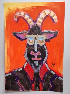 红色白色黑色丙烯酸和铅笔编号037 "The Black Goat" Mini Limited 1/1 签名 — 第 1/4 张图片