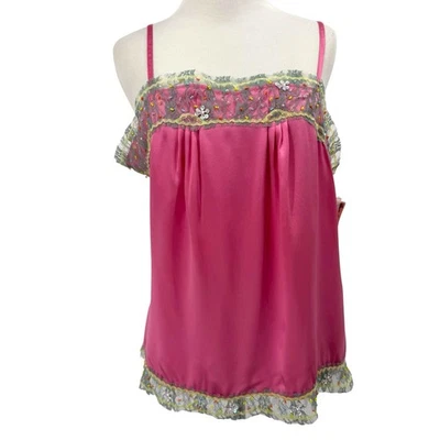 Babydoll Cami Tanque Rosa Lentejuelas Seda Lapislázuli Vintage Años 90 Satén Encaje Borde Floral Foto 1 de 4