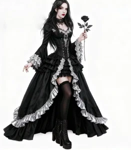 Vampire Gothic Witchy Evening Dress High Low Long Sleeve Costume Prom Dress - Picture 1 of 12