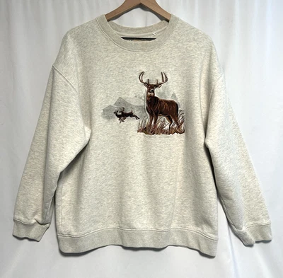 Y2K Deer Buck Sweatshirt Large Gray Crewneck Embroidered Hunting Wildlife Scene - Image 1 of 4