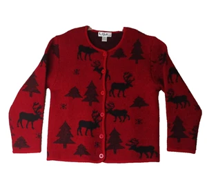 Lisa Sweater Women XL Red Boiled Wool Front Button Cardigan Holiday Moose VTG - Picture 1 of 13