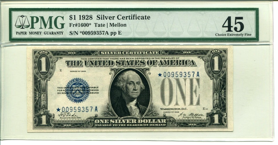 FR 1600* 1928 $1 Star Silver Certificate PMG 45 CHOICE EXTREMELY FINE - Image 1 of 2