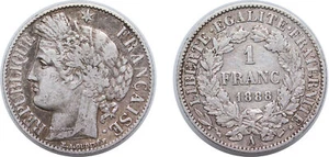 France 1888 A 1 Franc Silver 835 VF - Picture 1 of 1