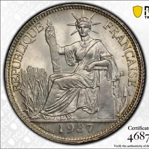 Indocinese francese, coloniale, 20 centesimi 1937, Lecompte-236, argento, PCGS MS64 - Foto 1 di 4