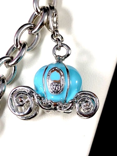 DISNEY SILVER TONE CHAIN BRACELET W CINDERELLA BLUE ENAMEL PUMPKIN COACH CHARM