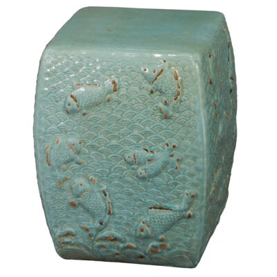 US Seller - Distressed Celadon Porcelain Koi Fish Pond Asian Garden Stool - Image 1 of 4
