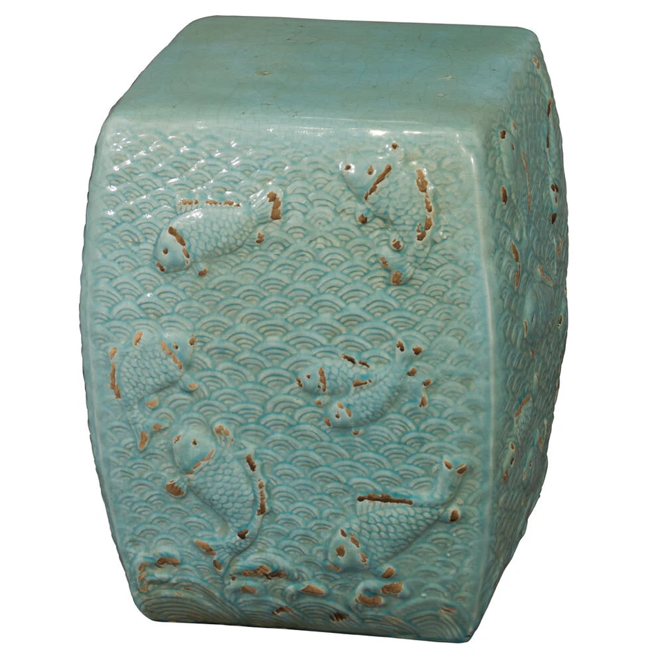 US Seller - Distressed Celadon Porcelain Koi Fish Pond Asian Garden Stool - Image 1 of 4
