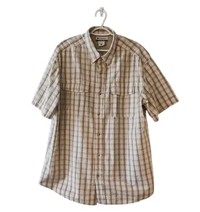Columbia Button-Up Shirt Mens Size XXL Tan White Short Sleeve Plaid Vented - Picture 1 of 6