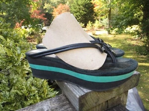 g series wedge sandals 8, GUC! black with green stripe GUC! - Picture 1 of 10