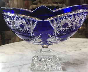 Arnstadt Cobalt Blue Cut To Clear Crystal Centerpiece Bowl Compote Etched - Picture 1 of 12