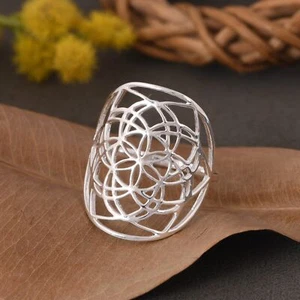 925 Solid Silver Flower Mandala Ring - Handmade Flower Mandala Band For Women - Picture 1 of 7