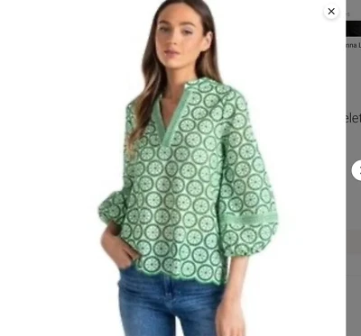 Top Shoshanna verde bordado ojales cuello en V manga 3/4 dobladillo vieira talla XS USADO EN EXCELENTE ESTADO Foto 1 de 4