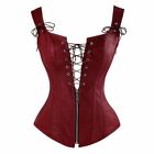 Corsetry Red Faux Leather Zipper N Lacing Waist Trainer Overbust Lace Up Corsets