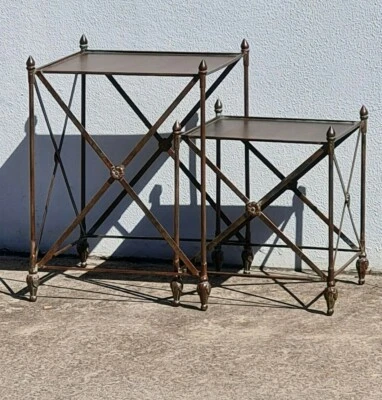 French style  SET 2 COFFEE SIDE NESTING TABLE ACCENT antique dark brown NEW  - image 1 of 4