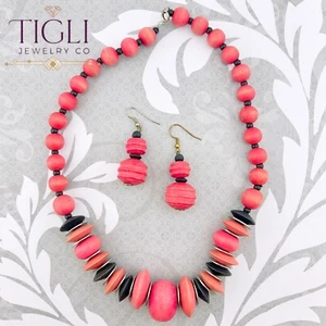 Juego de collar y pendiente vintage de cuentas de madera rosa y negro audaz - Imagen 1 de 8