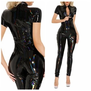 Womens Shiny Short Sleeve Slim Jumpsuit Bunny Lady Costume Front Zipper Bodysuit - Picture 1 of 21