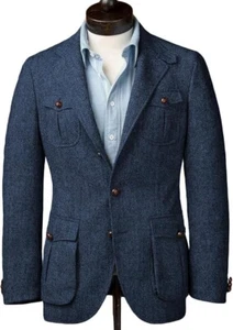 Men Suit Wool Herringbone Tweed Vintage Check Blazer Groom Tuxedo Wedding Prom - Picture 1 of 10