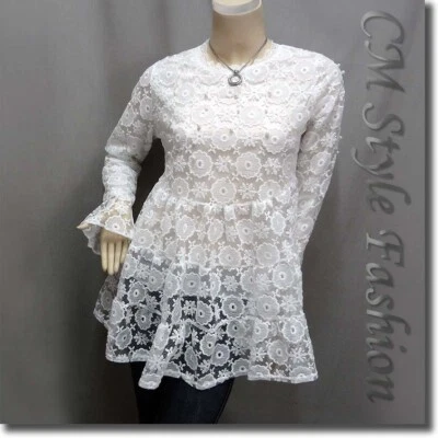 Elegante Lindo Vestido Túnica Babydoll de Encaje Floral Malla Cuentas Top Blanco M Foto 1 de 4