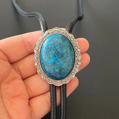 Collar de boda con base de encaje plateado piedra ágata azul bolo corbata cuerda encerada occidental Foto 1 de 4