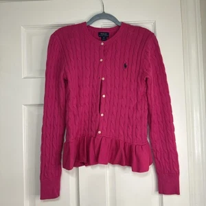 Ralph Lauren Pink Cable Knit Cardigan with Peplum Hem Youth Xl Girls - Picture 1 of 7