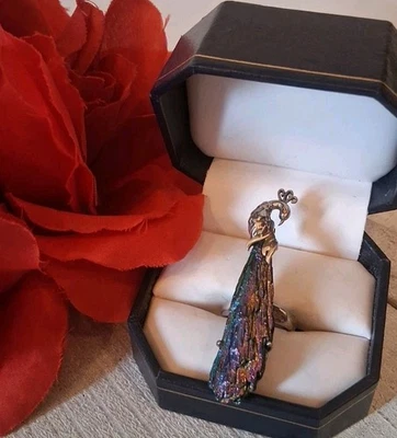 Espectacular Anillo Pavo Real Plata de Ley 925 con Aura Arco Iris Cianita Talla 6 Foto 1 de 4