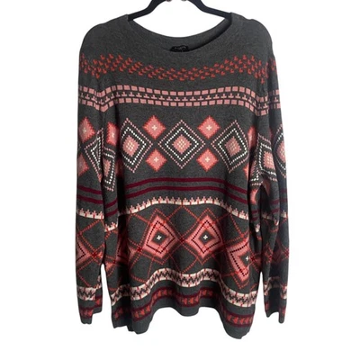 Talla 2X Pullover Talbots Gris Geométrico Diamante Suéter Lana de Cordero Rosa Azteca Foto 1 de 4