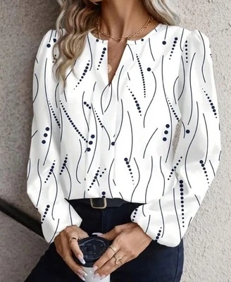 Blusa de trabajo para mujer 12 grandes audaz blanca brillante estampado azul marino cuello en V manga larga Foto 1 de 4