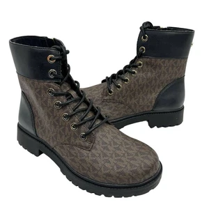NEW MICHAEL Michael Kors Alistair 6.5 Lace Up Logo Brown Black Combat Moto Boot - Picture 1 of 12