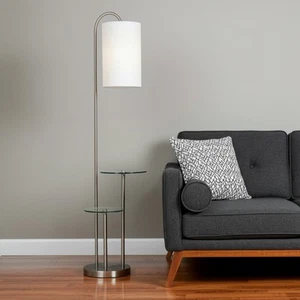 66" Silver Tray Table Floor Lamp With White Fabric Drum Shade - Picture 1 of 6